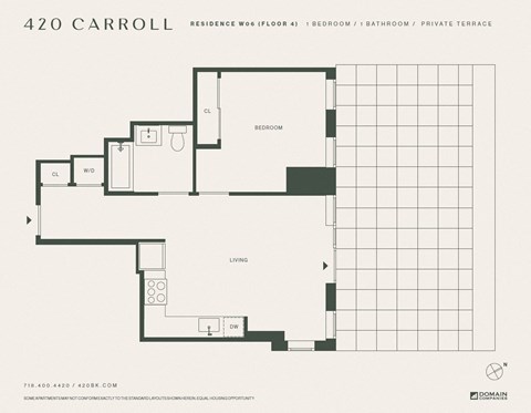 Floor plan for 1 bed, 1 bath, 606 sqft